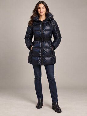 S13 NYC women's glossy hooded down puffer coat belted size M